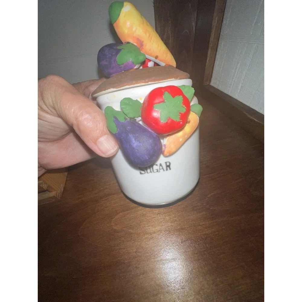 VTG 3 Piece Set Of Small Canisters With Wooden Holder 2 Marked Coffee Sugar